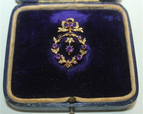 9ct amethyst & pearl pendant brooch